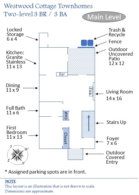Main floor layout showing open floorplan and first bedroom with attached bathroom.